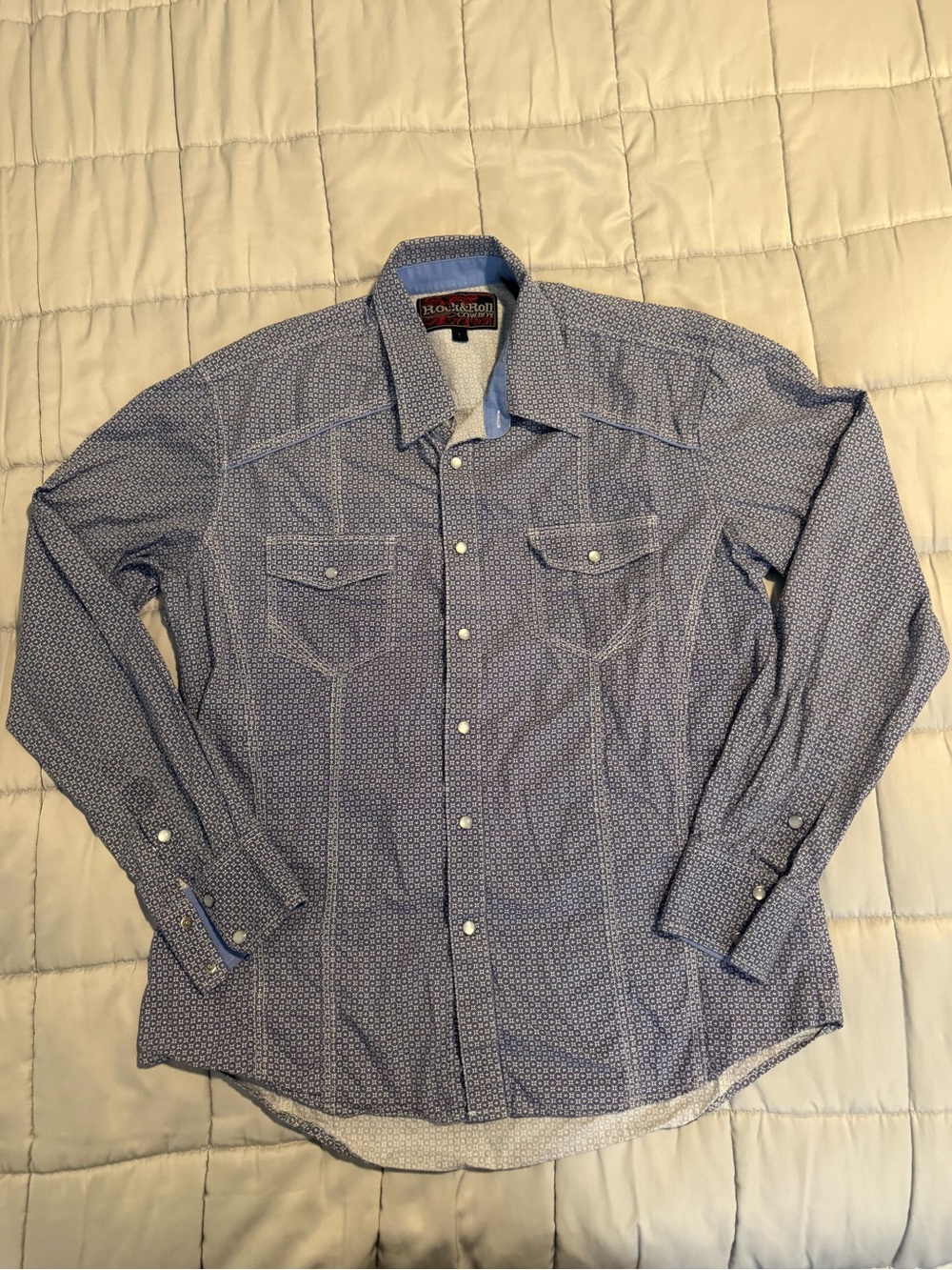 Rock & Roll Cowboy Denim Light Blue Micro-Pattern Western Shirt Peal Snap